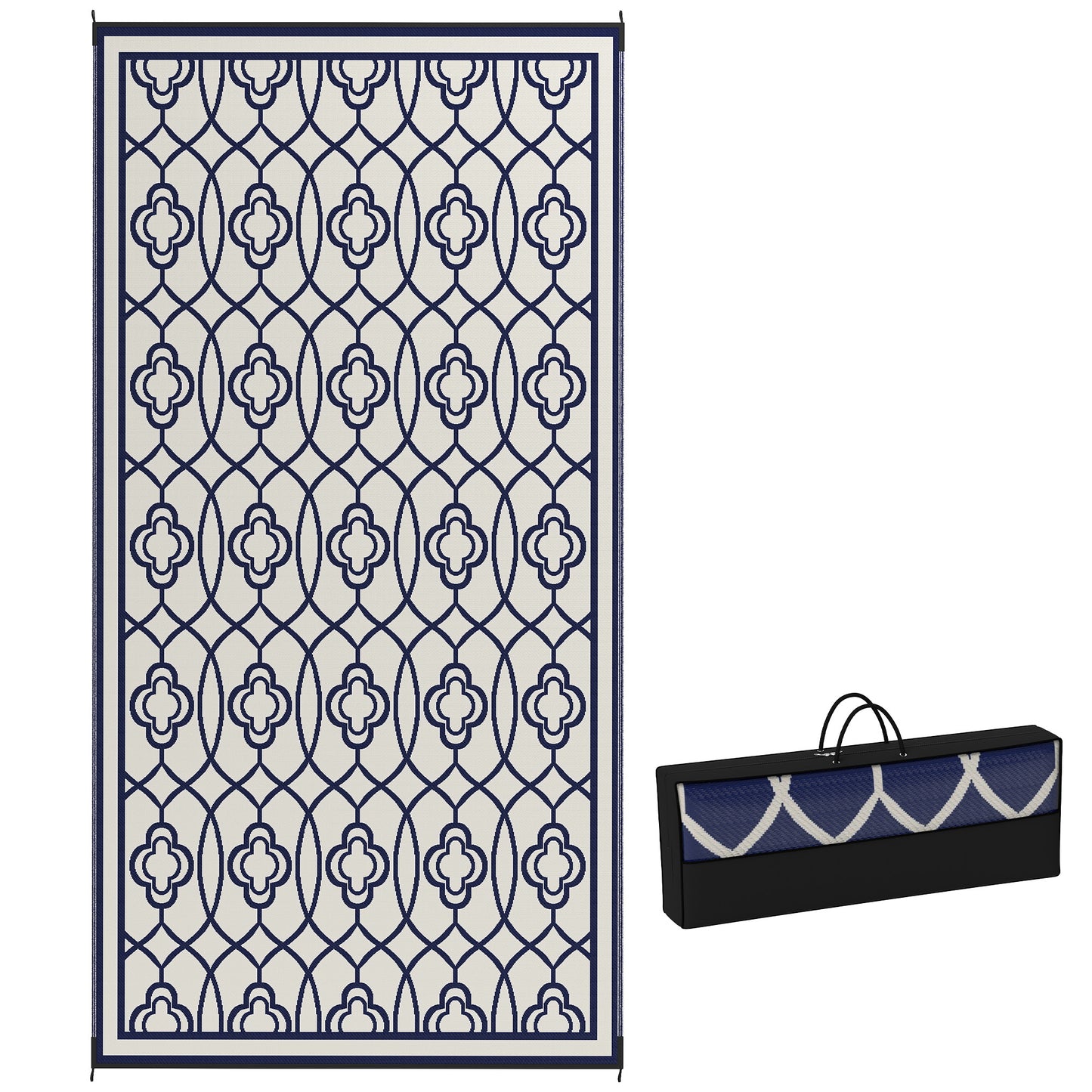 Reversible Outdoor Rug - Waterproof Plastic Straw, 9x18 ft, Blue & White Lantern