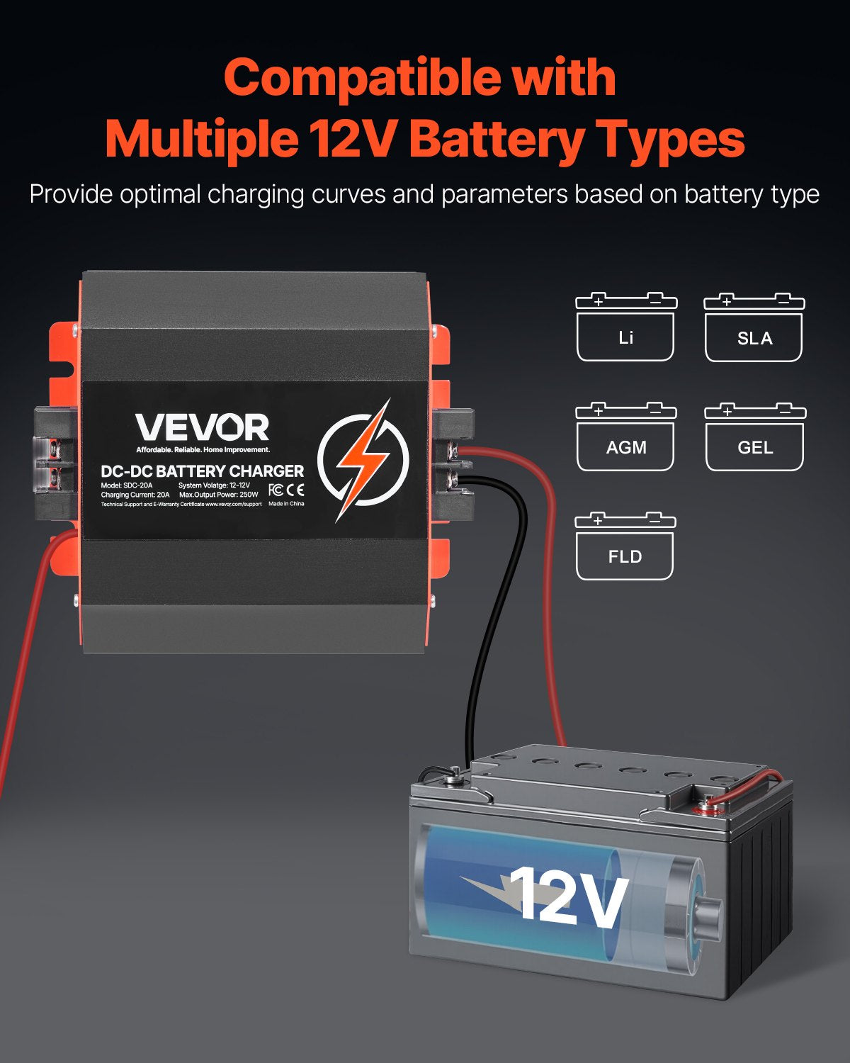 12V 20A DC to DC Battery Charger for Lead-Acid Lithium AGM GEL Vehicles