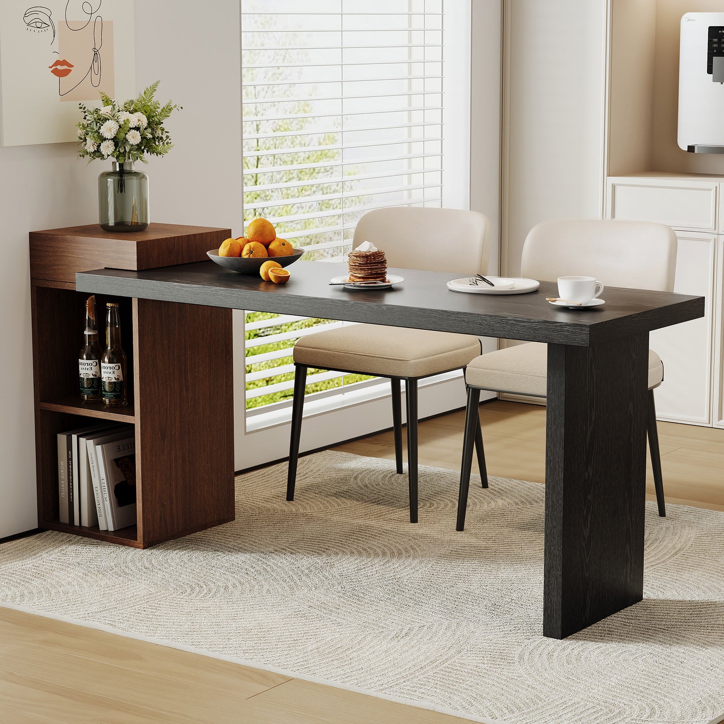Modern Two-Tone Sofa Side Table - Black & Walnut MDF with 2-Tier Storage
