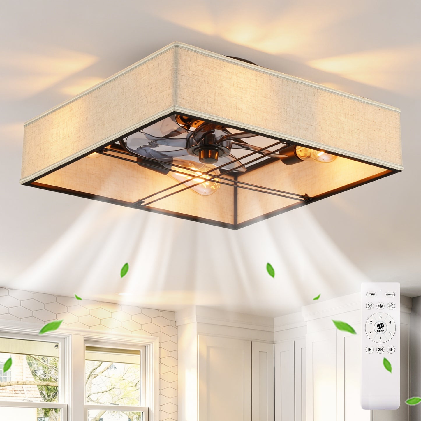 16.6" Matte Black Farmhouse Flush Mount Ceiling Fan - Remote Control