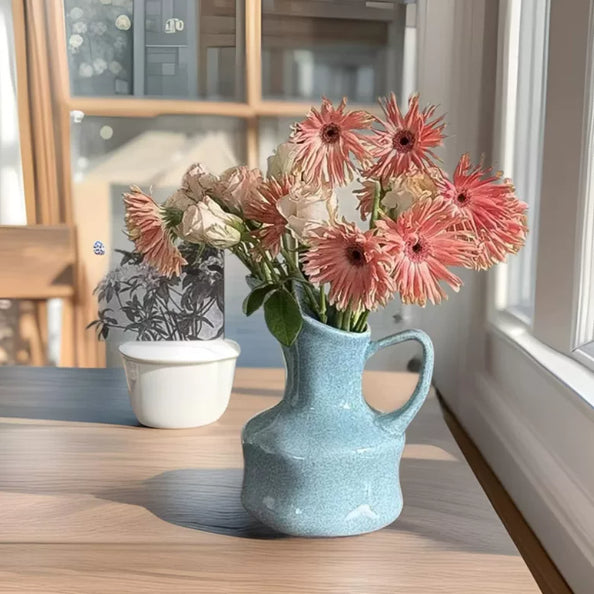 Blue Ceramic Handheld Vase for Living Room Decor 16.5x20cm