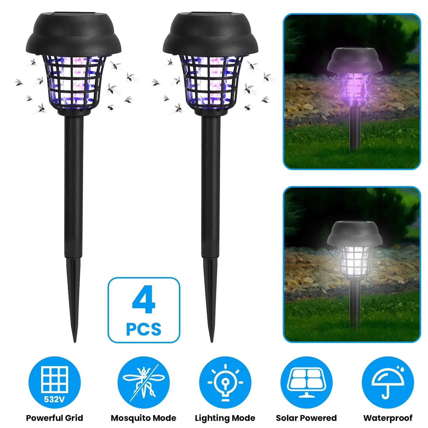 Solar Mosquito Zapper 4-Pack with UV & White LED Modes, Waterproof Outdoor Bug Killer