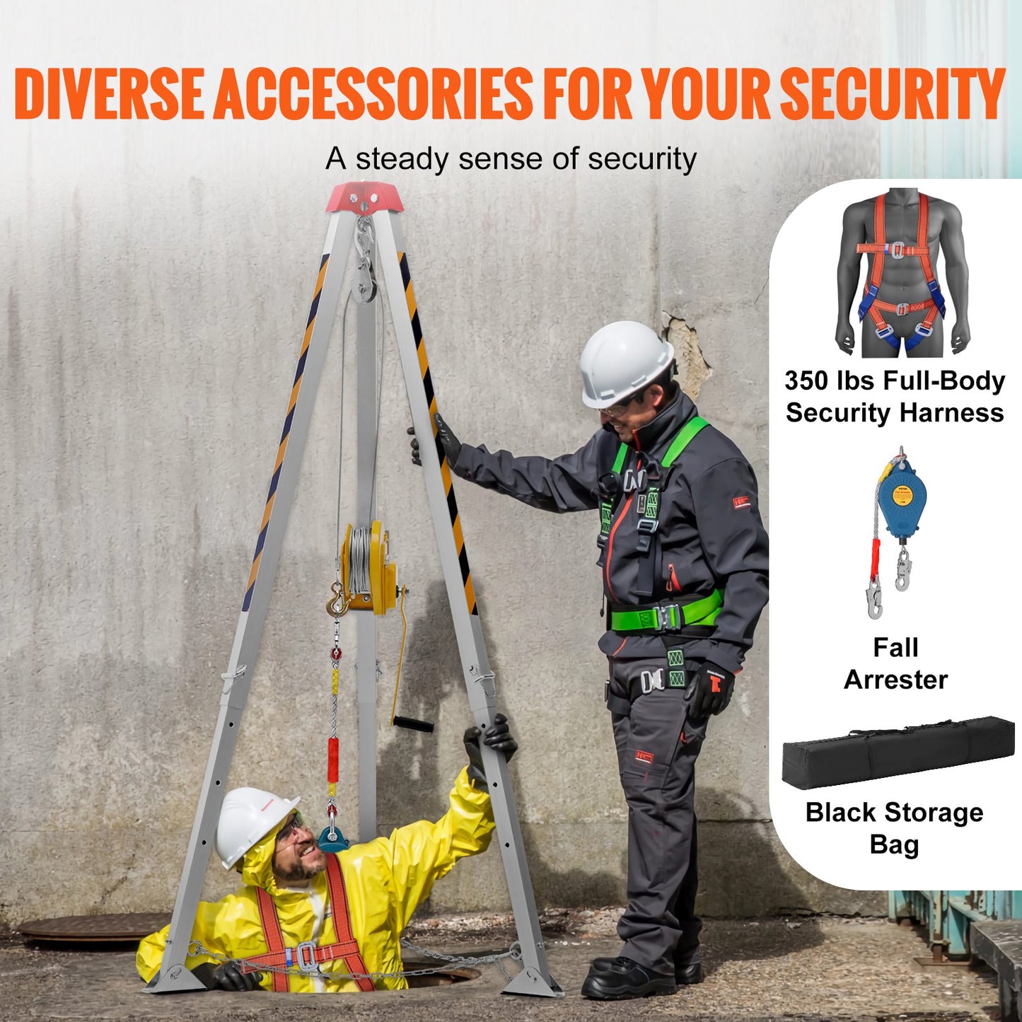 Confined Space Rescue Tripod Kit with 7' Legs, 98' Cable, Fall Protection & Storage Bag