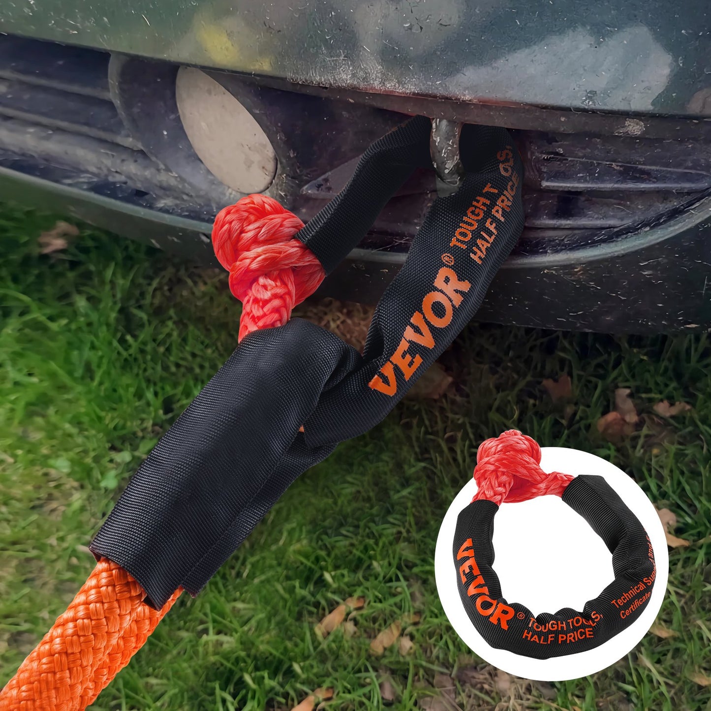 Heavy-Duty Synthetic Recovery Rope Set 2 Pack - 1/2 x 22 inches, 44,092 lbs Break Strength
