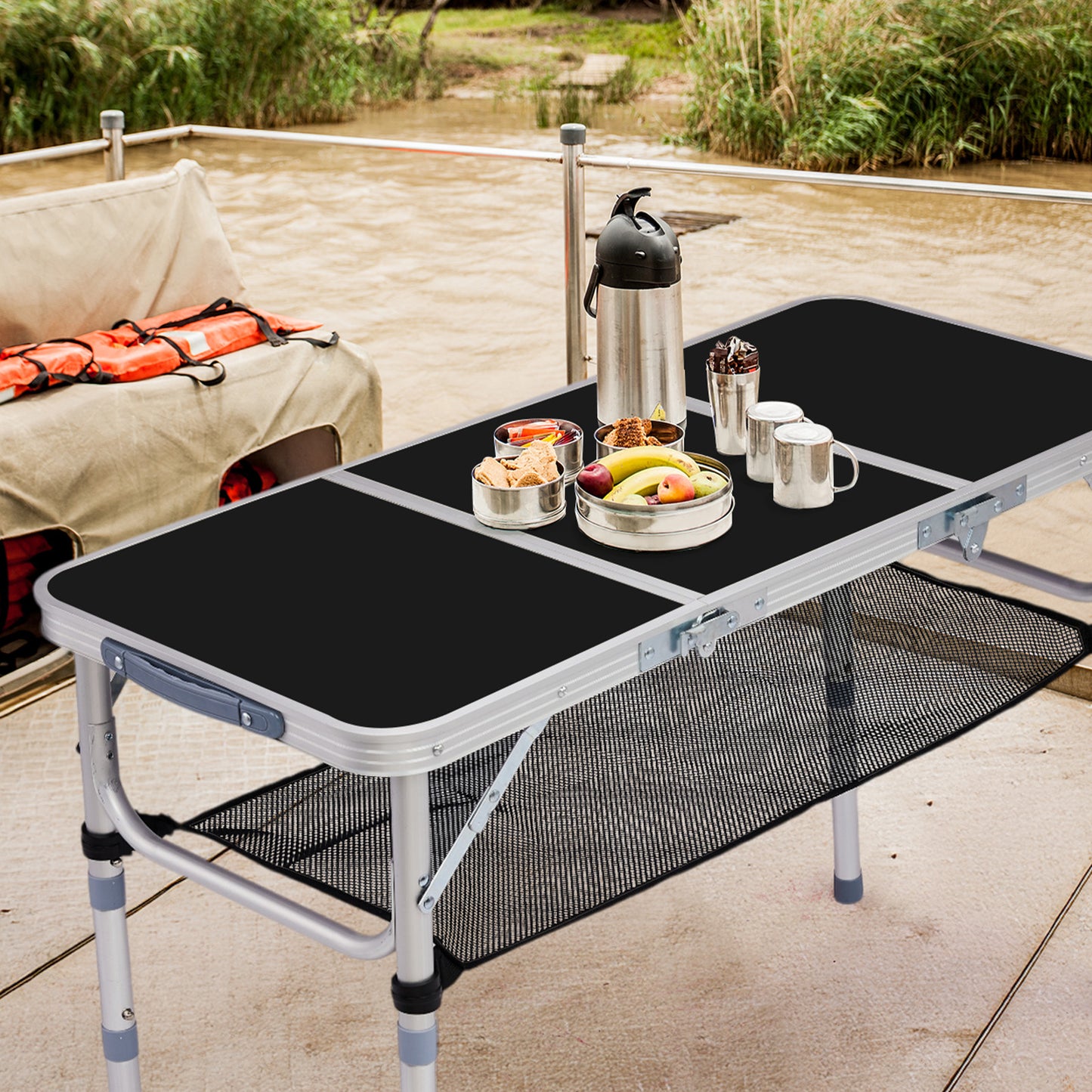 3ft Adjustable Height Foldable Camping Table with Storage Mesh - Black