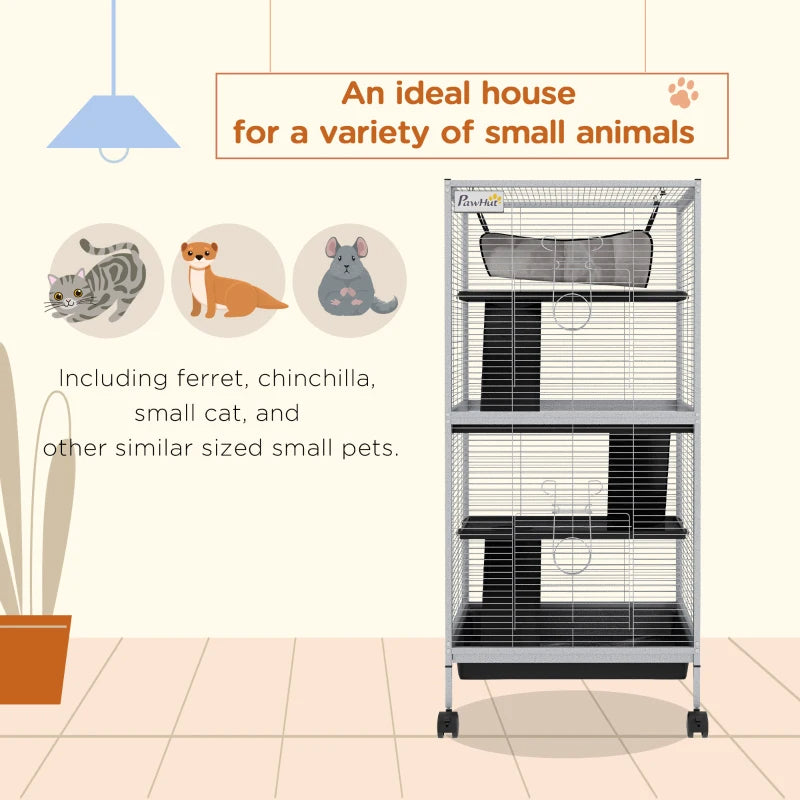 Rolling Small Animal Cage with Hammock for Ferrets, Chinchillas, Kittens - White