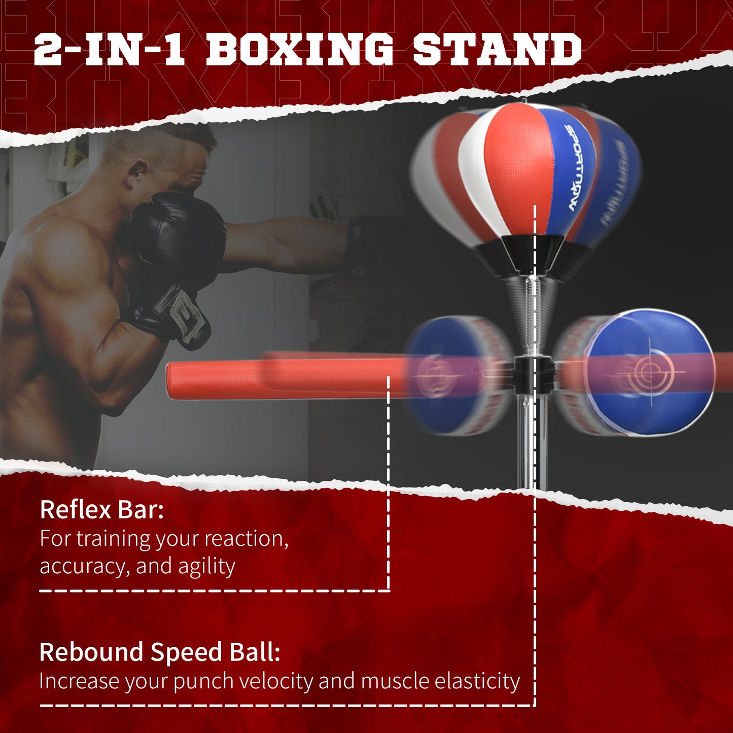 Freestanding Adjustable Boxing Speed Bag with Reflex Bar - Black, Red, Blue