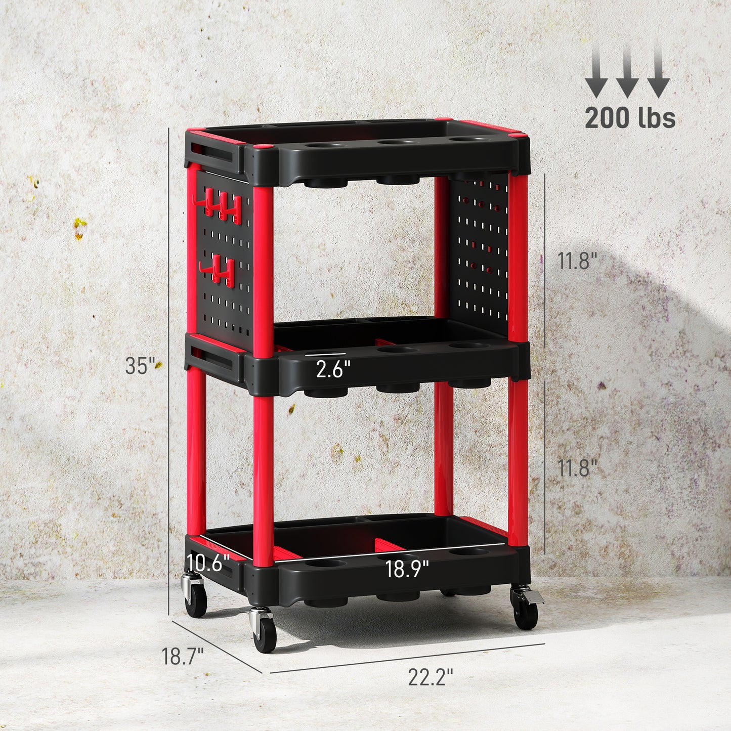 3-Tier Rolling Tool Cart - 200 lbs Capacity, Black & Red
