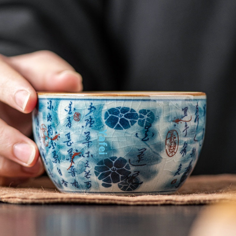 Antique Blue and White Ceramic Tea Cup for Kung Fu Tea Brewing - 150ML