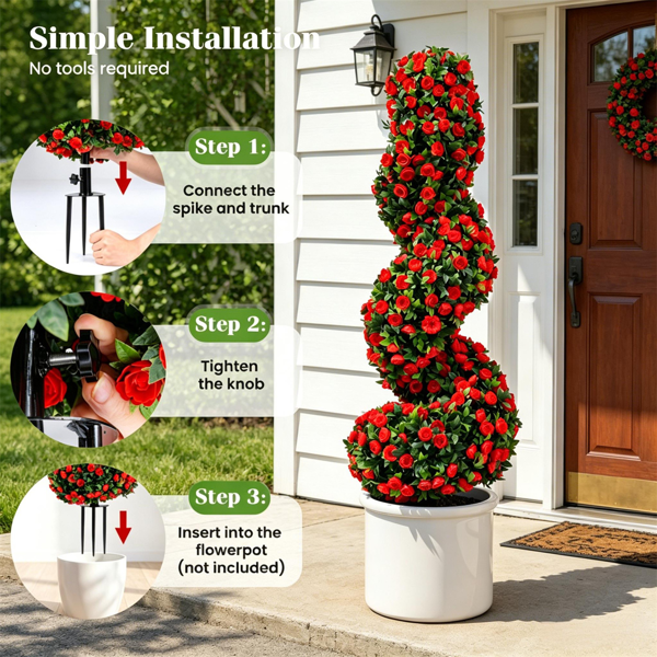 2 Pack Faux Spiral Shrub - Lifelike All-Weather Artificial Plant - Red
