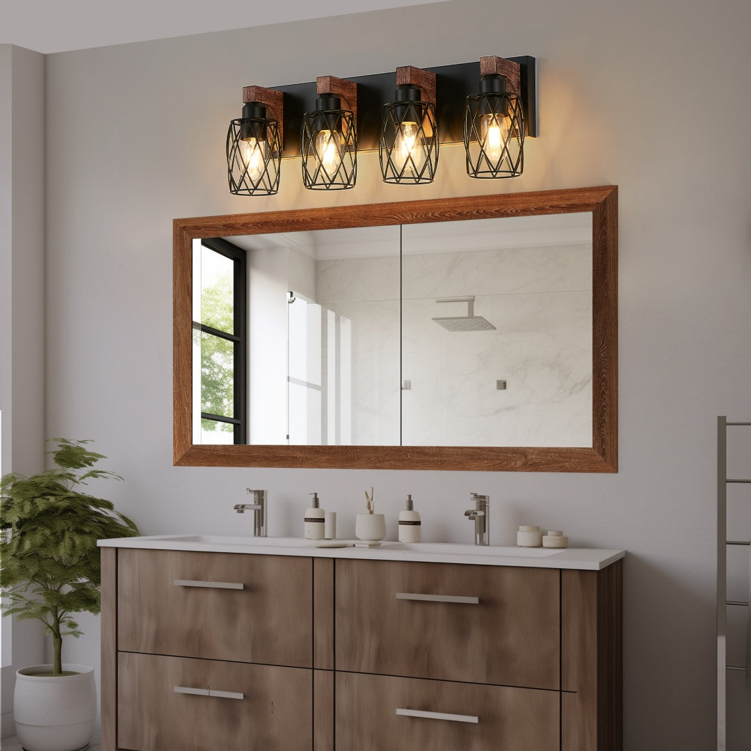 Industrial Vintage 4-Light Wall Sconce - Black Cage & Wood Accents