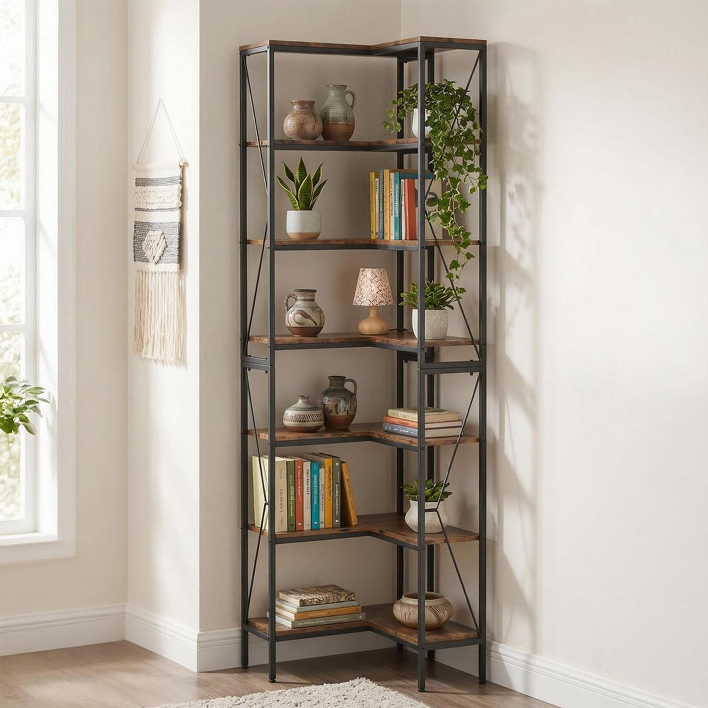 7-Tier Industrial Corner Bookshelf - Open Display Rack