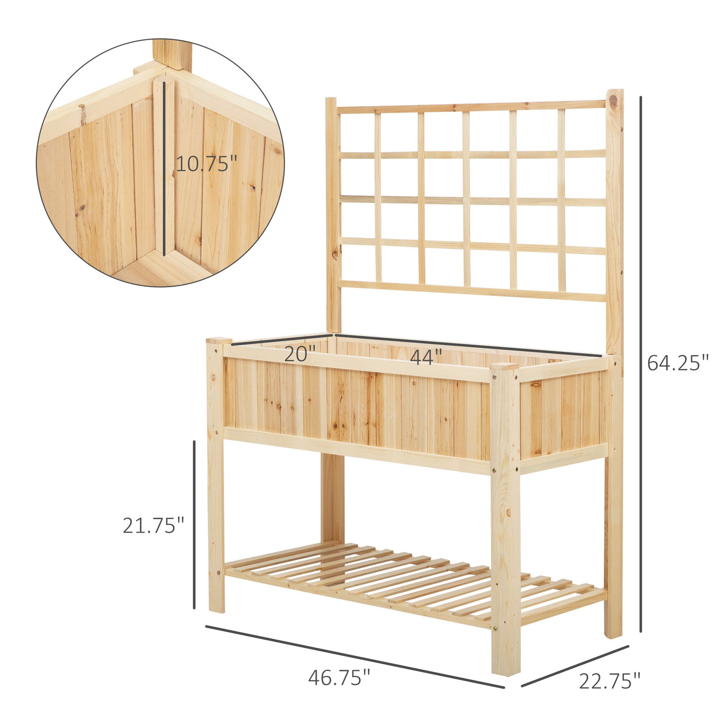 Wooden Raised Garden Bed with Trellis and Open Storage Shelf - Natural, 1235x670x165mm