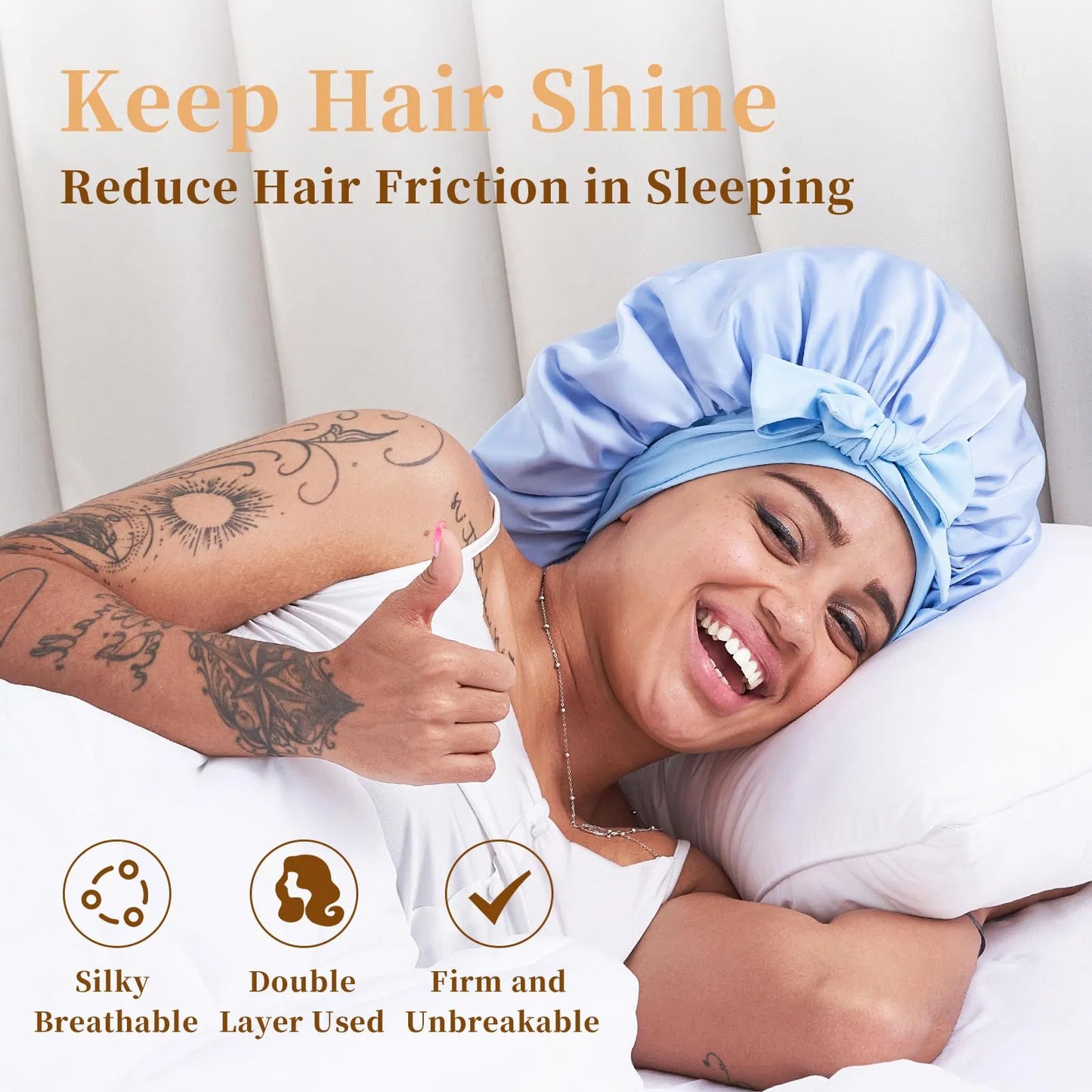 Adjustable Satin Hair Bonnet for Sleeping - Reversible Blue Silk Wrap