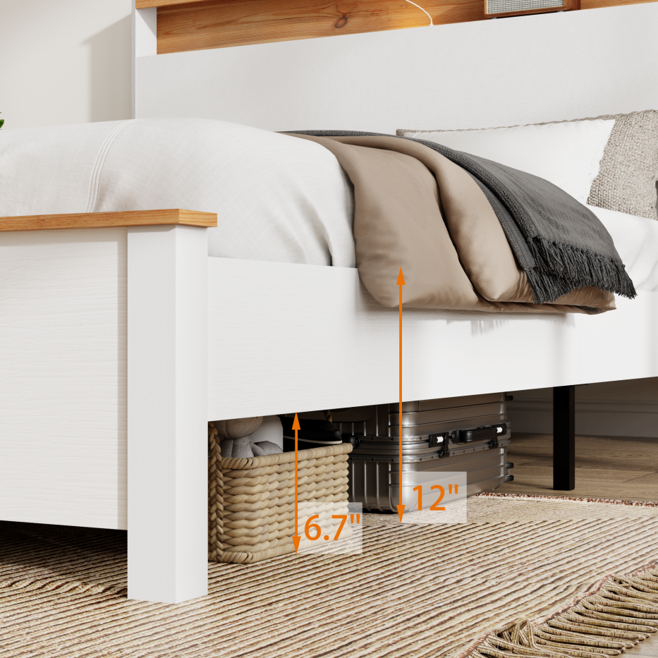 King Farmhouse Wood Bed Frame with Storage Headboard & USB Charging