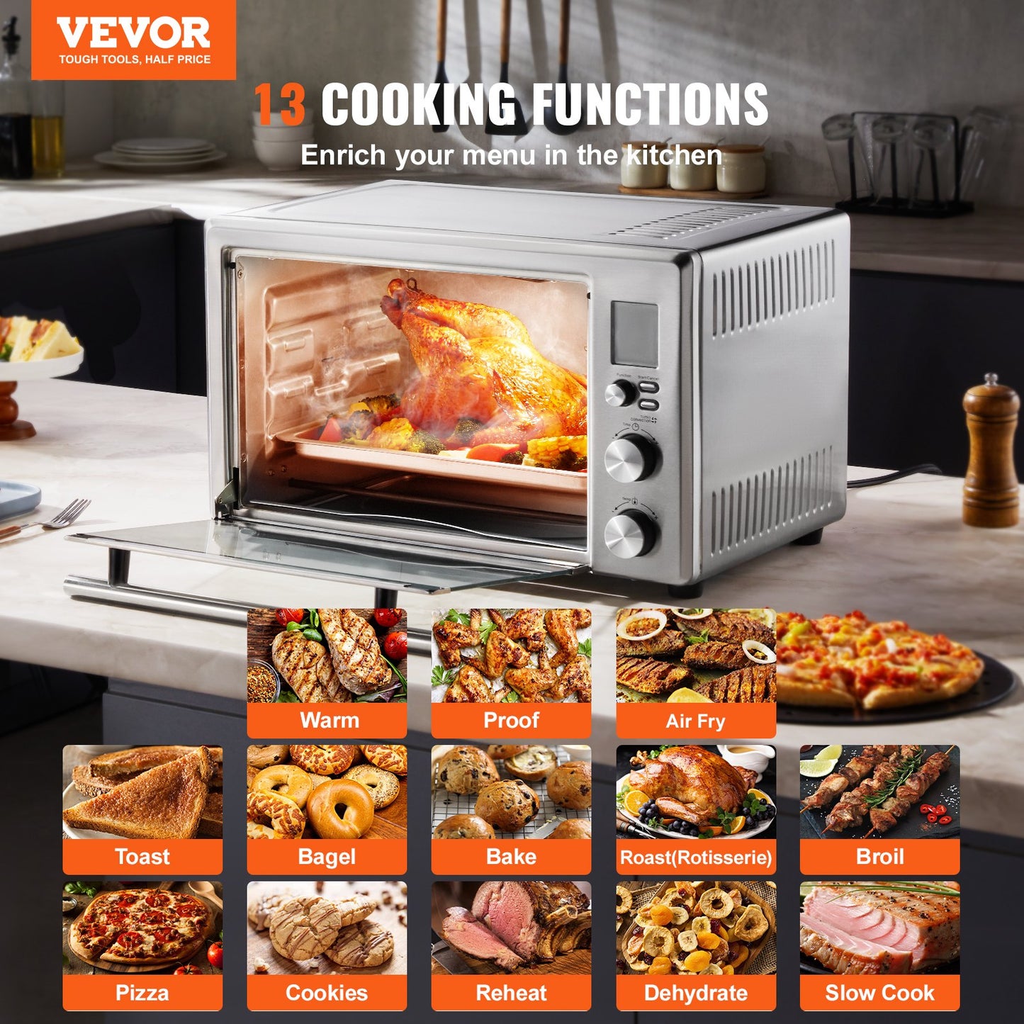 13-in-1 Air Fryer Toaster Oven 28L 1800W Convection Oven for Home Use - Silver