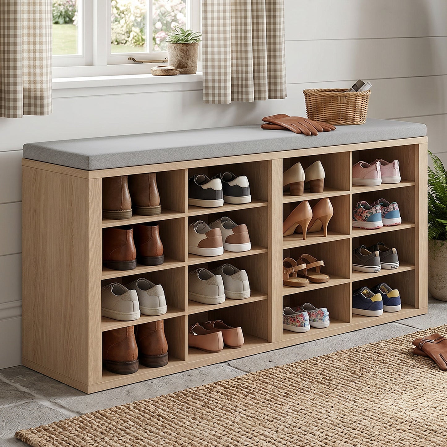 Shoe Storage Bench With Cushion 16 Cubby Rack Multifunctional