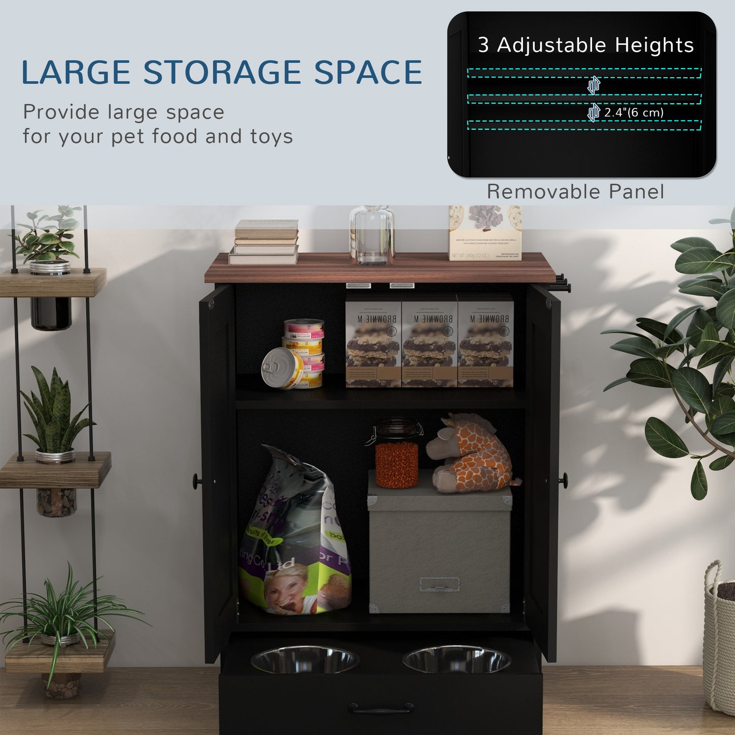 Pet Feeding Station with Adjustable Storage and Raised Bowls for Medium Dogs - Black