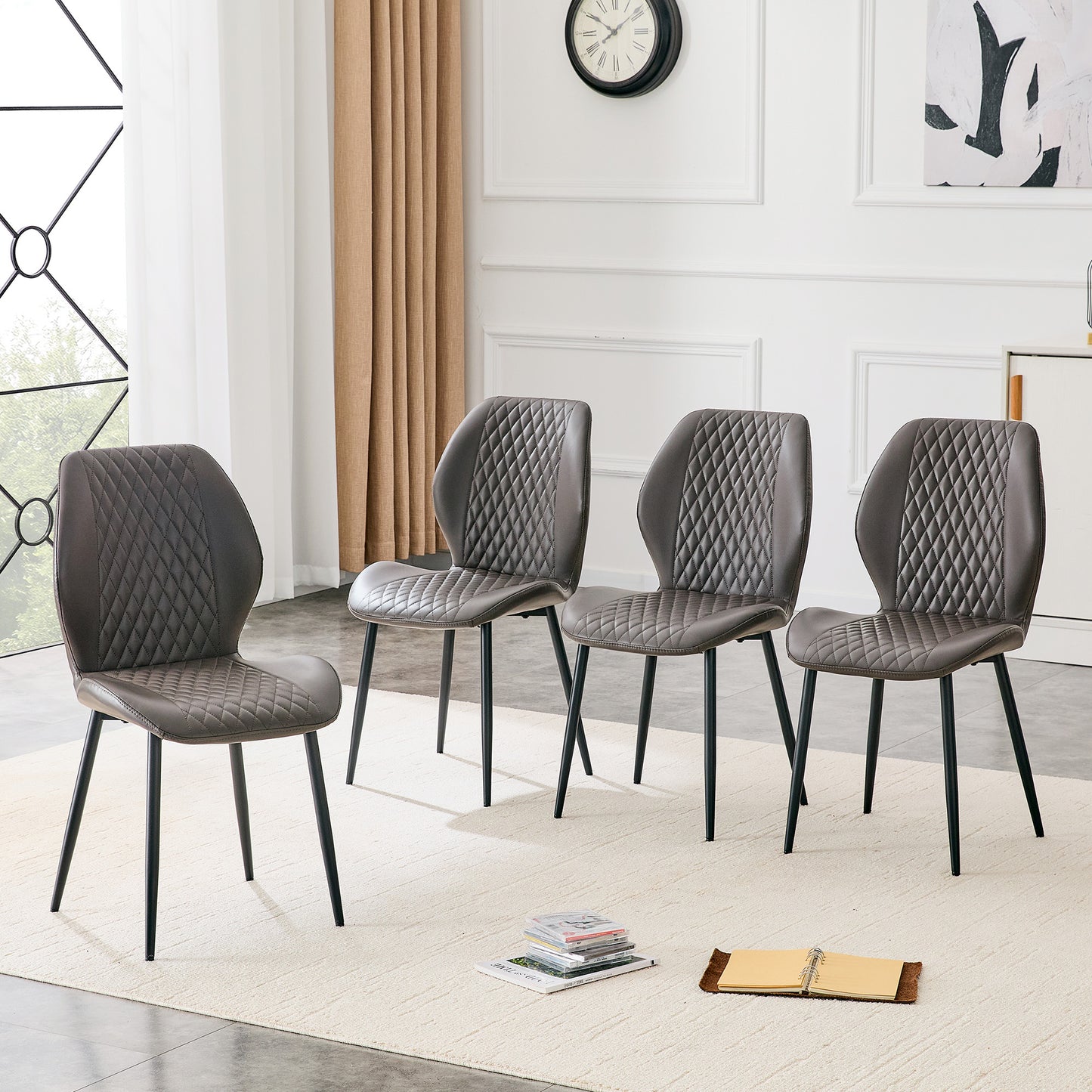 Set Of 4 Modern Light Luxury Dark Gray Diamond-quilted PU Chairs With