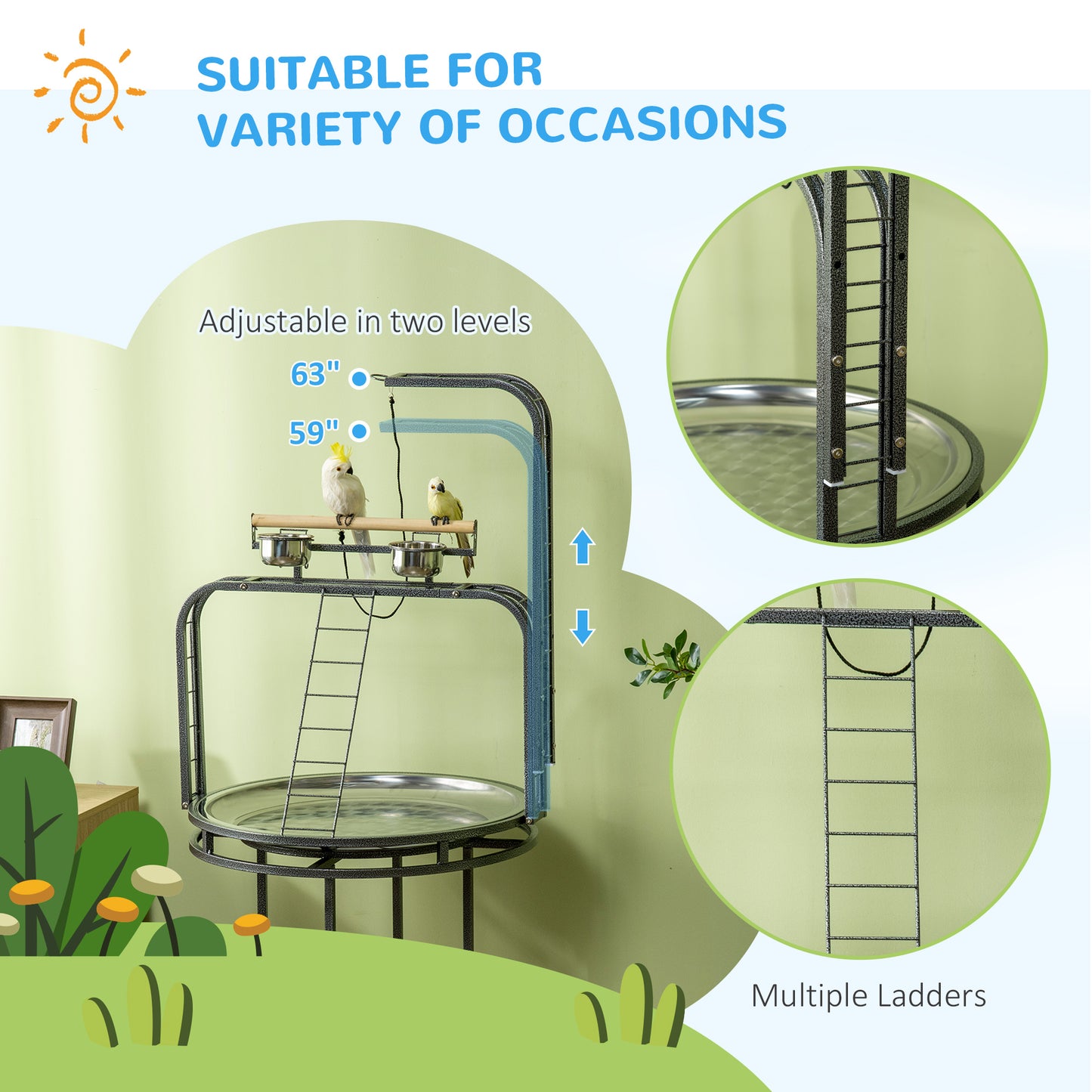 Large Bird Perch Stand with Toy Hooks and Ladders - Wooden & Steel Gray