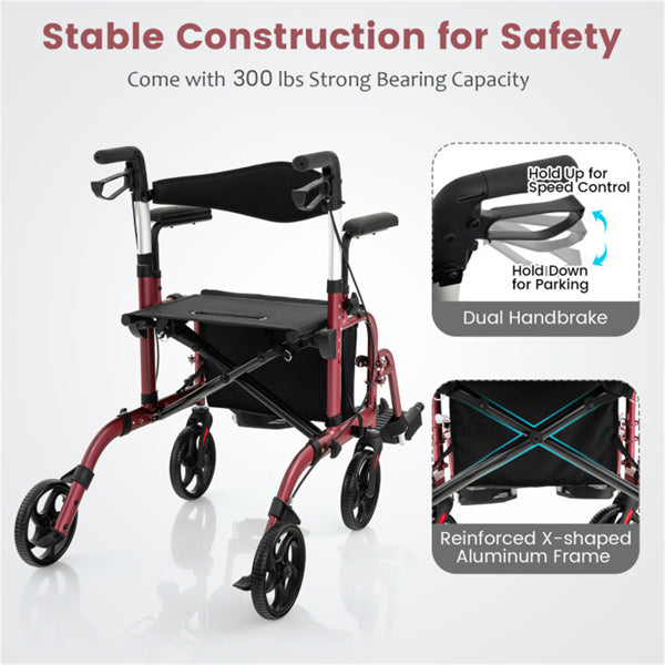2-in-1 Rollator Walker and Wheelchair - Adjustable Handles, 300lbs Capacity, Red