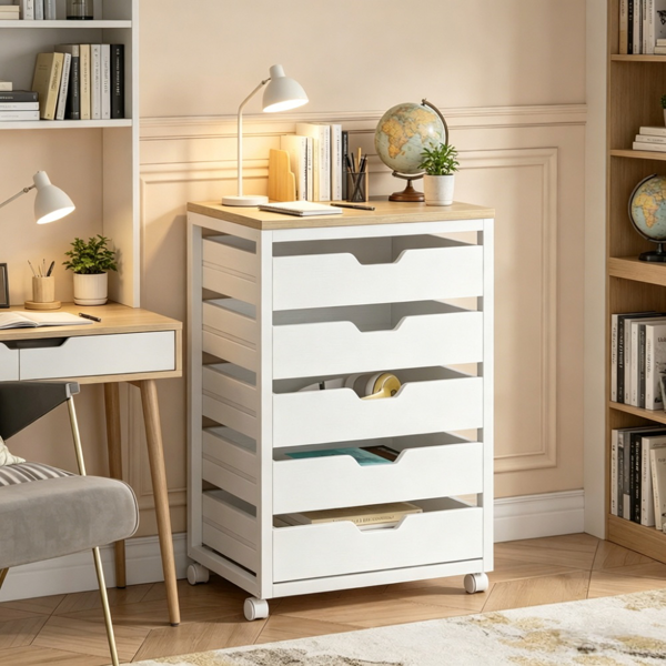 5-Drawer Storage Cabinet with Wheels - Rustic Industrial Design