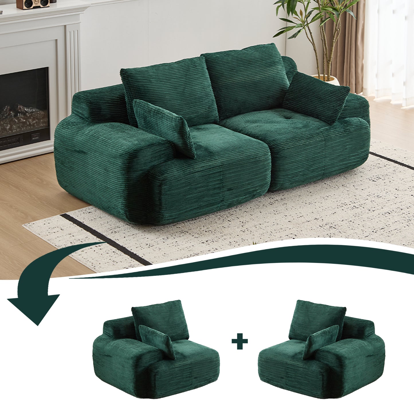 Modern Green Memory Foam 2-Seater Sectional Sofa - Compressed, Pet-Friendly