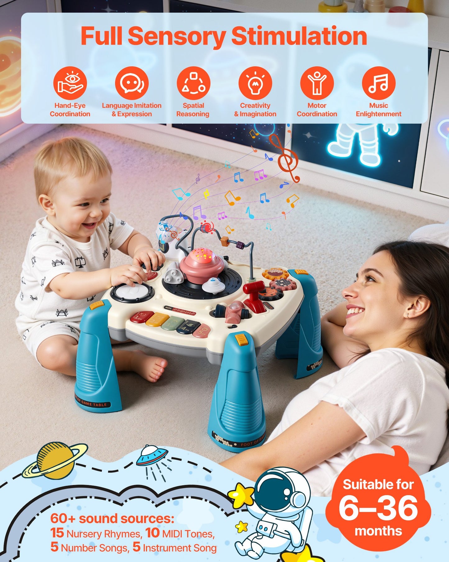 Space-Themed Toddler Musical Learning Table - Sensory Activity Desk for 6+ Months