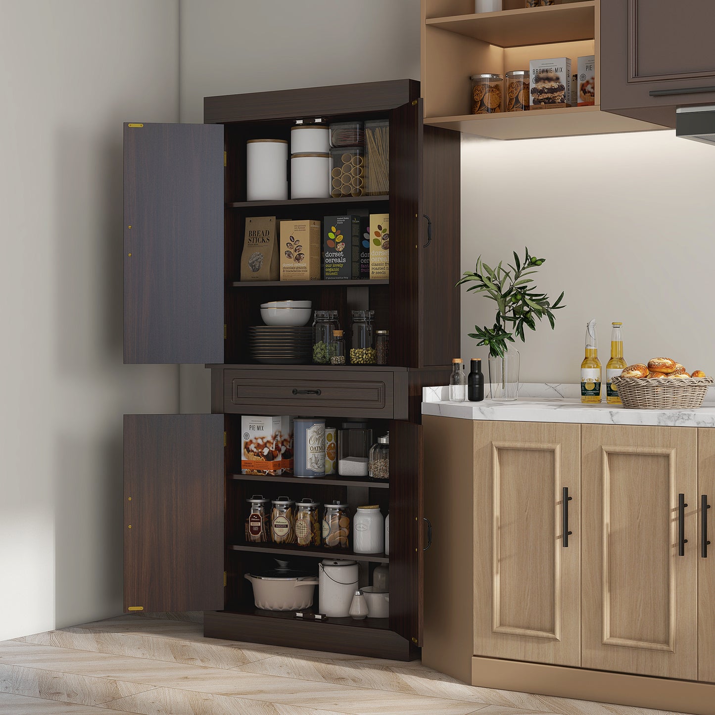 71" Freestanding Kitchen Pantry Cabinet with Drawer - Coffee