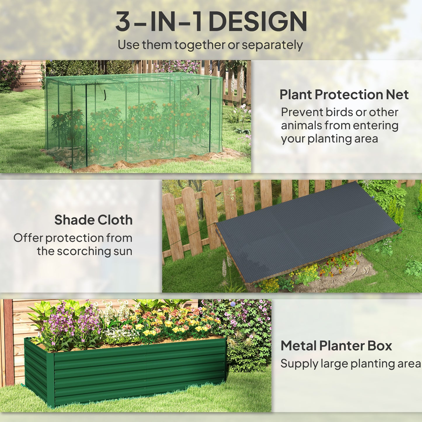 Galvanized Steel Raised Garden Bed with Crop Cage and Shade Cloth - Green
