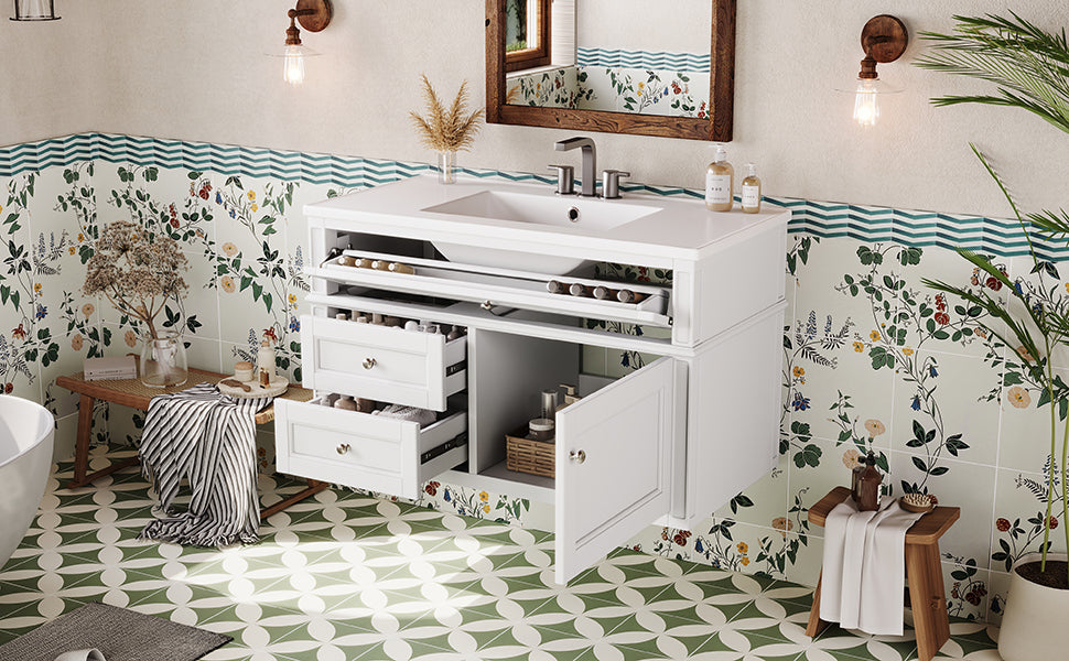 36-inch Wall Mounted Bathroom Vanity with Ceramic Sink & Drawers