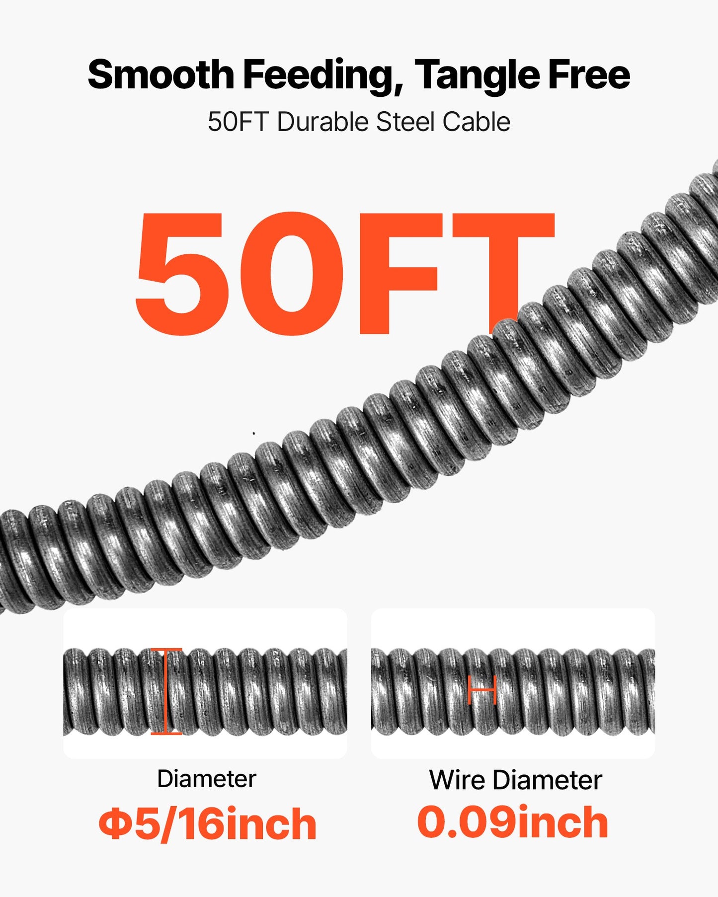 Drain Cleaner Machine 50FT Steel Sewer Snake Auger for 2-4 Inch Pipes