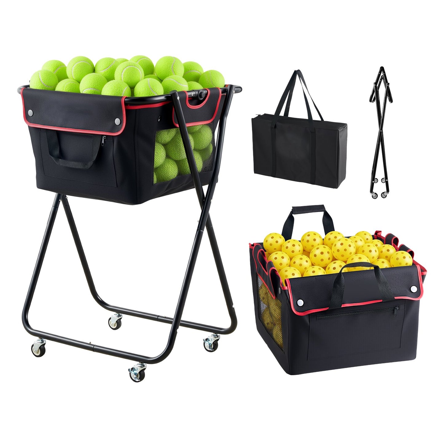 Tennis Ball Hopper with Wheels - Holds 175 Tennis Balls or 290 Pickleballs, Foldable Portable Cart for Training and Coaching