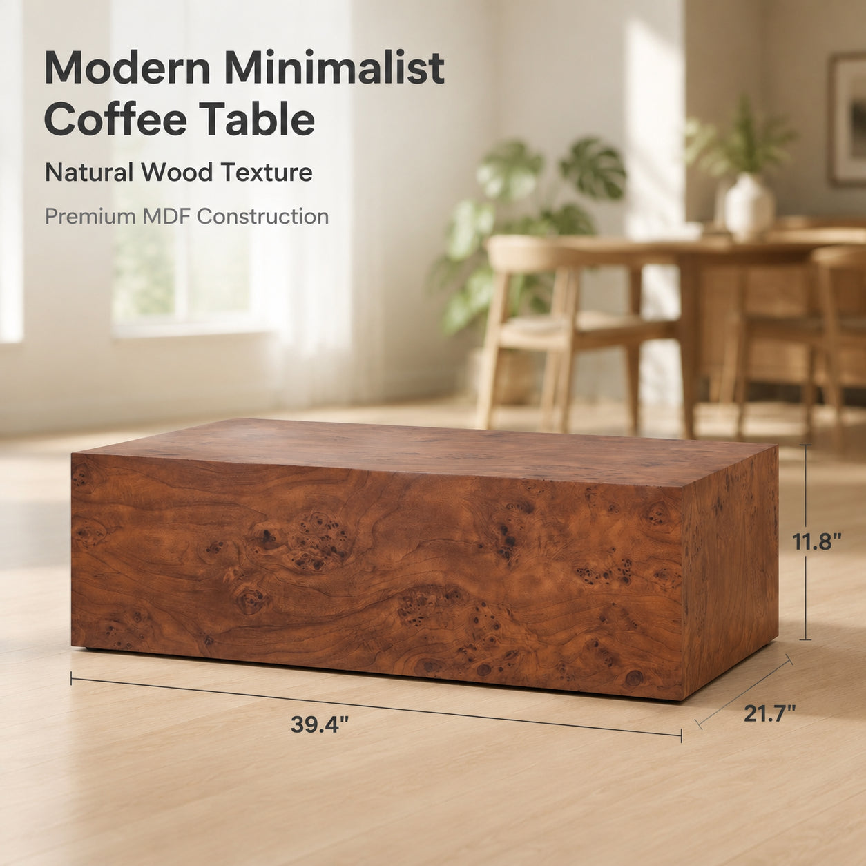 Height Adjustable Burl Walnut Veneer MDF Cube Table - 39.4x21.7x11.8