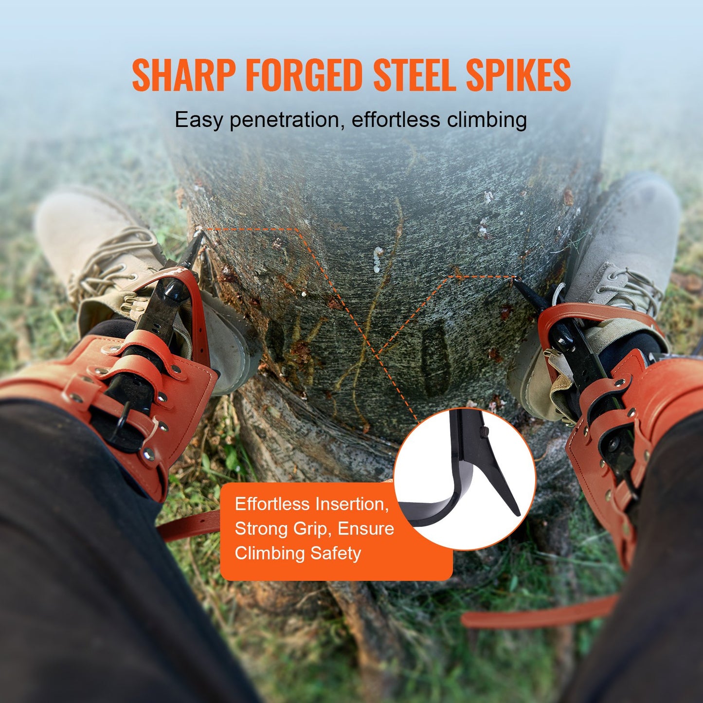 Tree Climbing Spikes Set with Safety Rope and Harness - Alloy Steel, Orange