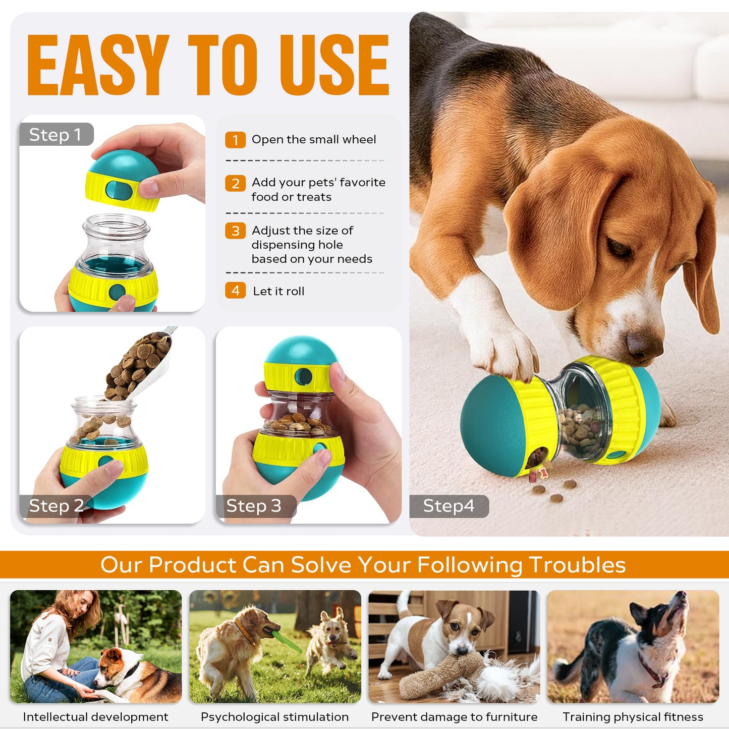 Dog Puzzle Toy with Treat Dispenser - Adjustable Slow Feeder & Interactive Chase Toy for Small to Large Dogs
