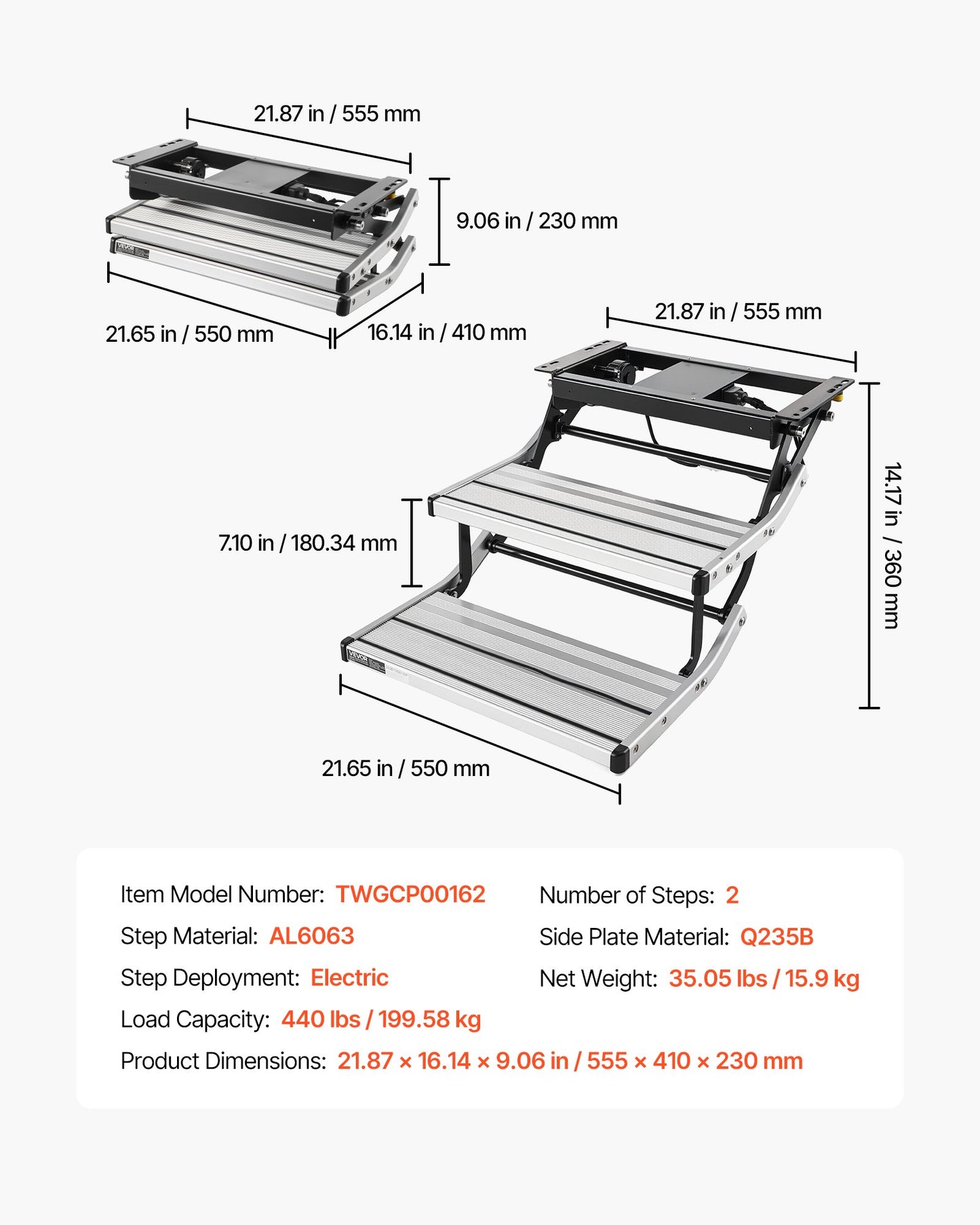 Electric RV Steps - 2-Step Aluminum Folding Camper Stair with Non-Slip Treads