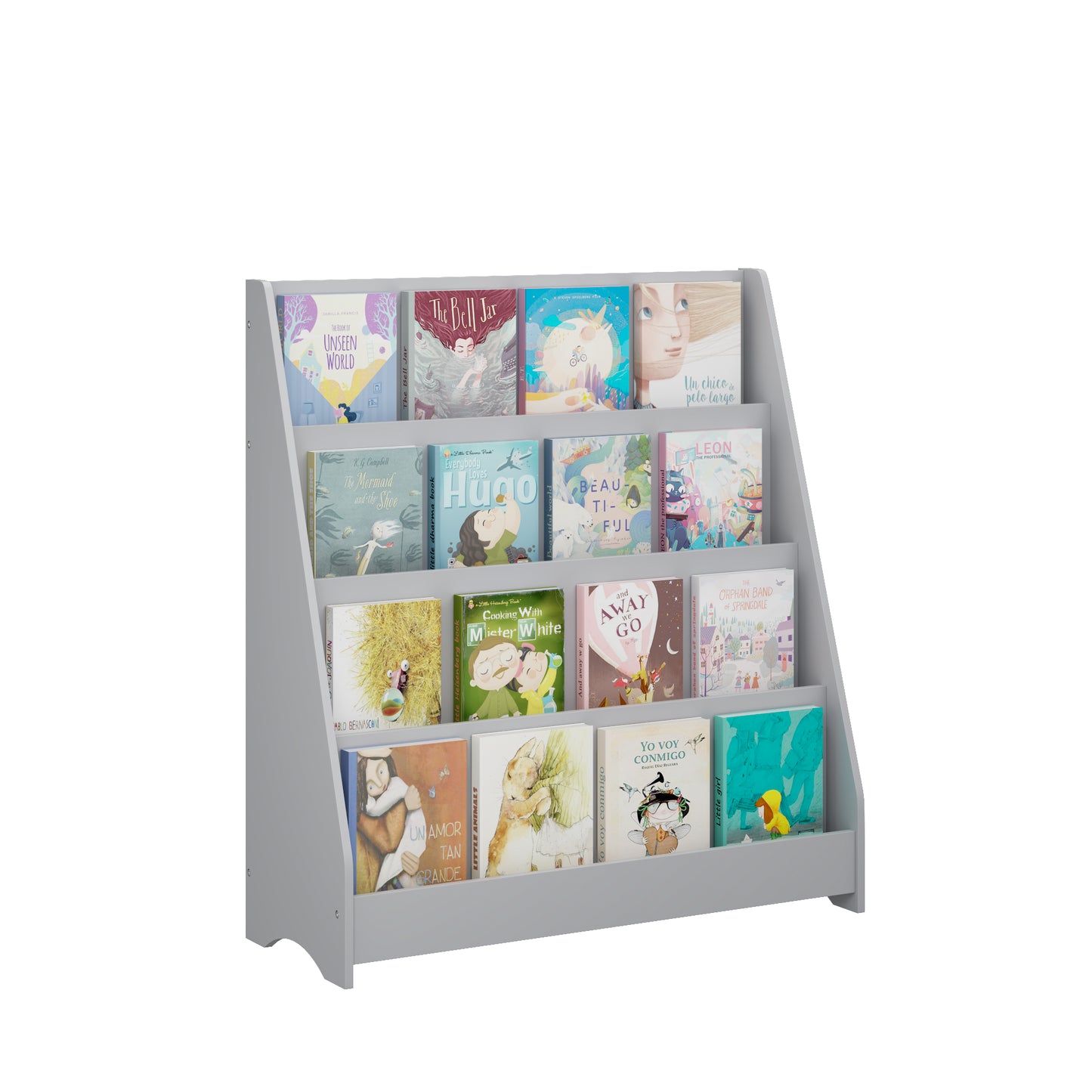 4-Tier Kids Bookshelf - Gray MDF Book Display for Bedrooms & Playrooms
