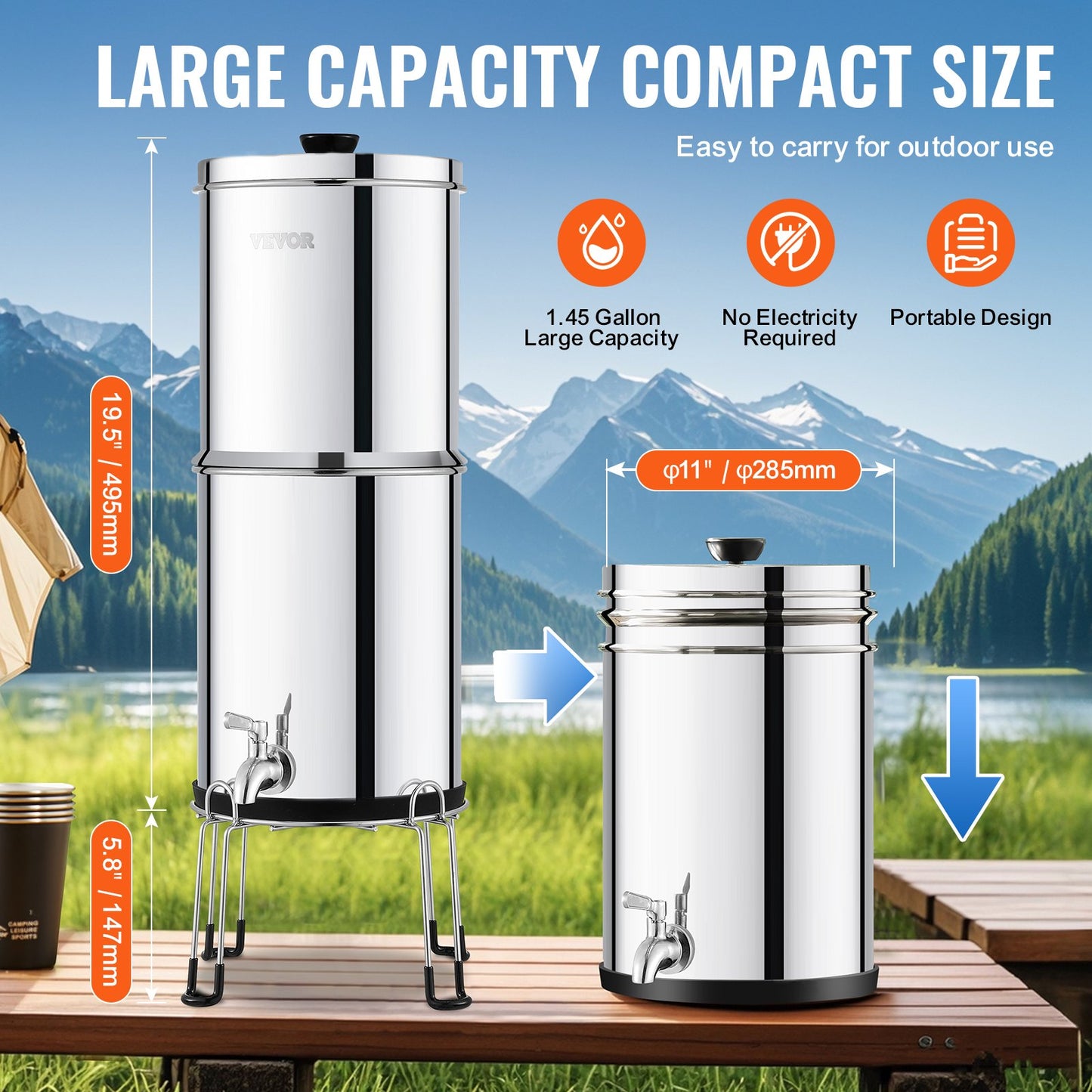 Gravity-Fed Water Filter System - Stainless Steel, 2 Filters