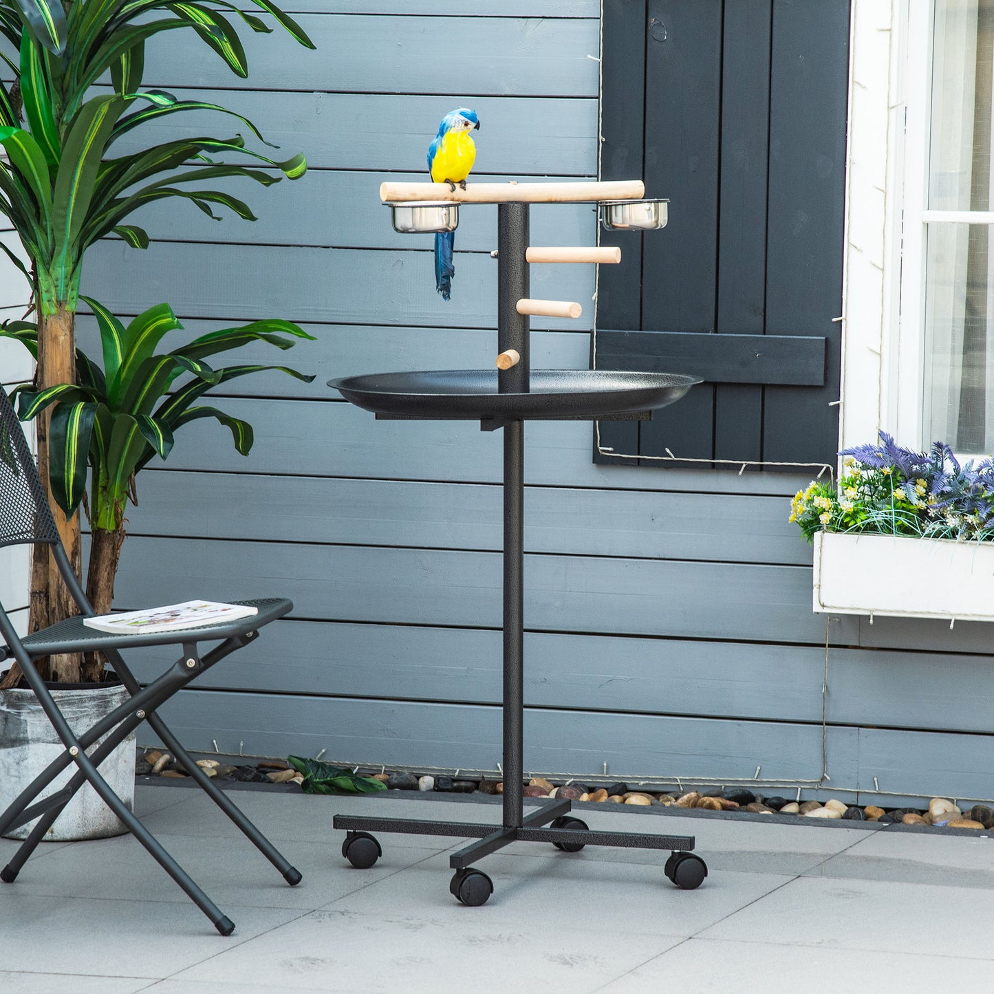 Portable Bird Play Stand with Wheels and Stainless Steel Feeders - Gray