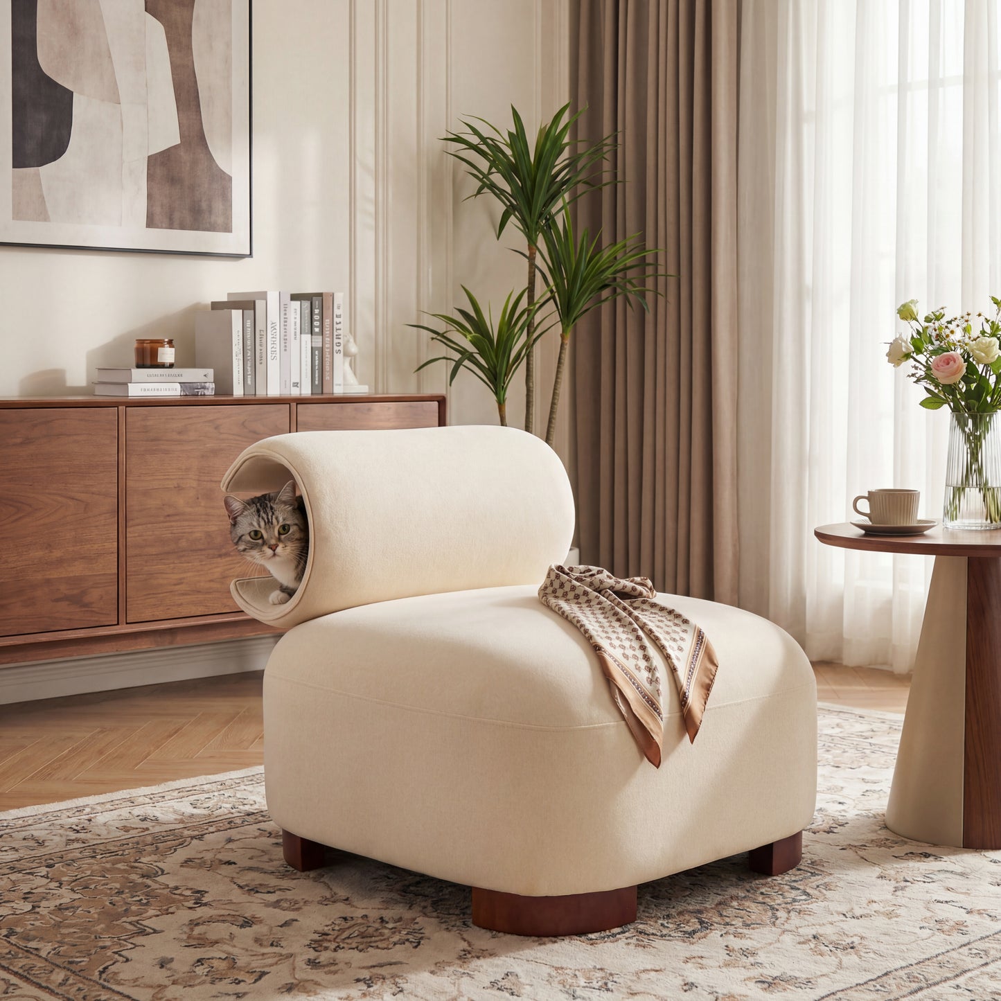 Beige Polyester Accent Chair - Pet-Friendly, 330 Lbs Capacity