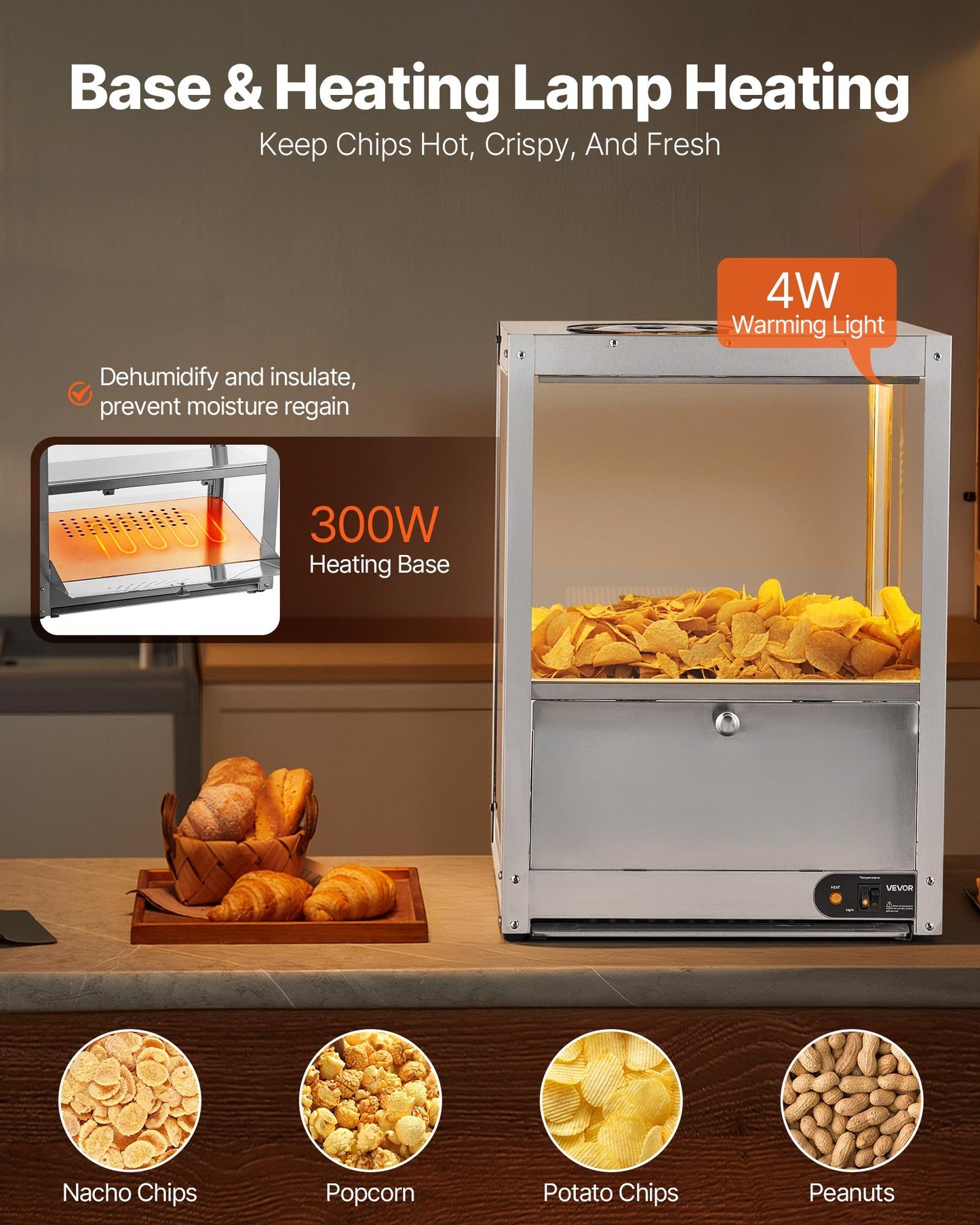 Commercial Nacho Chip Warmer 85QT with Heating Base & Warming Light - Stainless Steel