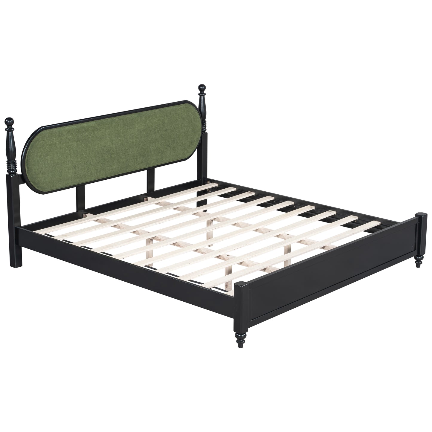 Solid Wood King Bed Frame with Slats - Modern Black & Green