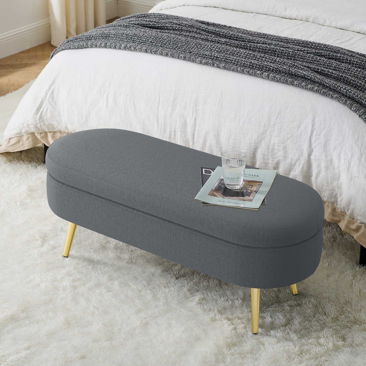 Oval Flannel Storage Ottoman with Metal Legs - Dark Gray