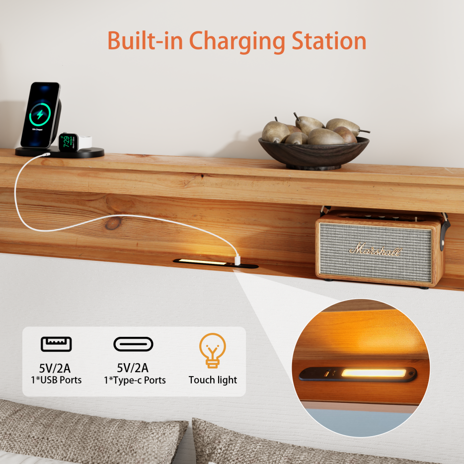 Queen Wood Platform Bed Frame with Storage Headboard & Charging Station