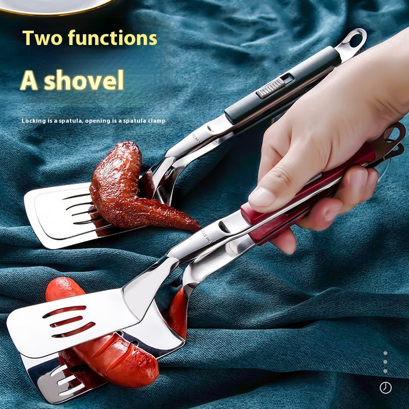 304 Stainless Steel Dual-Use Steak Tong with Slide Fastener - Kitchen Food Serving Tool