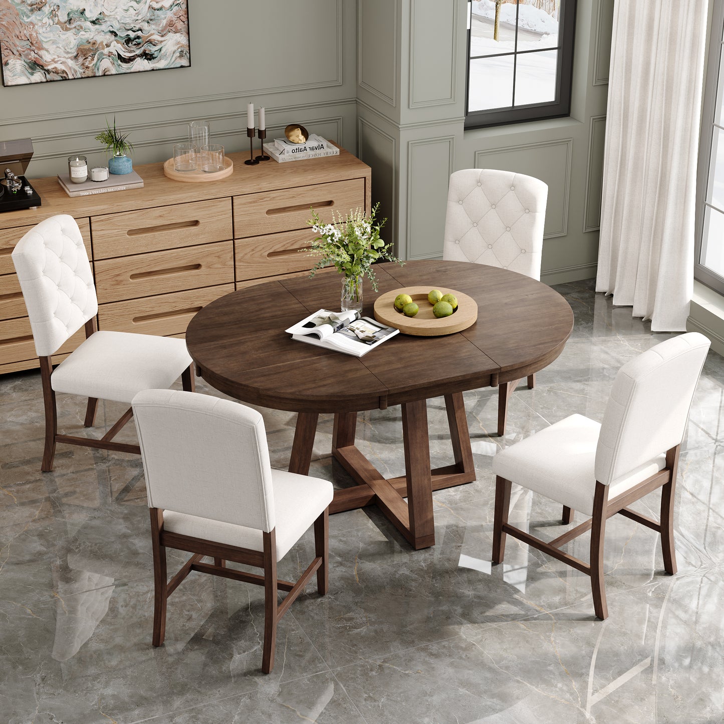 5-Piece Retro Dining Set with Round Table & 4 Upholstered Chairs - Walnut