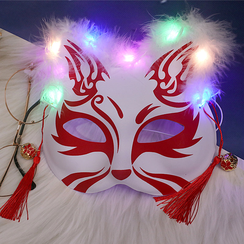 Halloween Party Luminous Feather Fox Mask Two-Faced Cat Face Mask