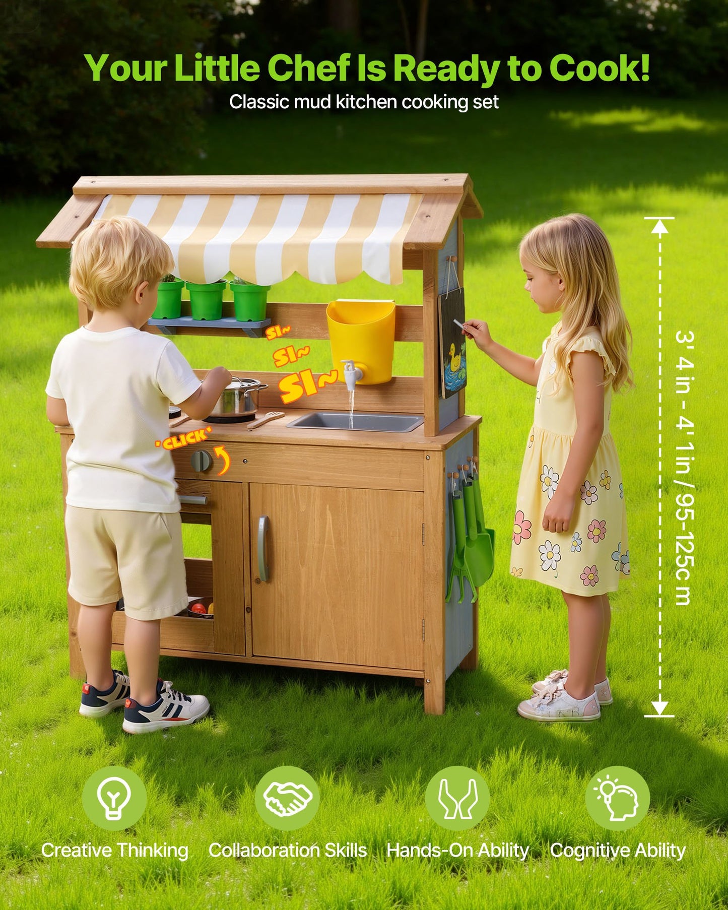 Outdoor Kids Mud Kitchen with Sunshade, Wooden Play Set with Spoons & Accessories