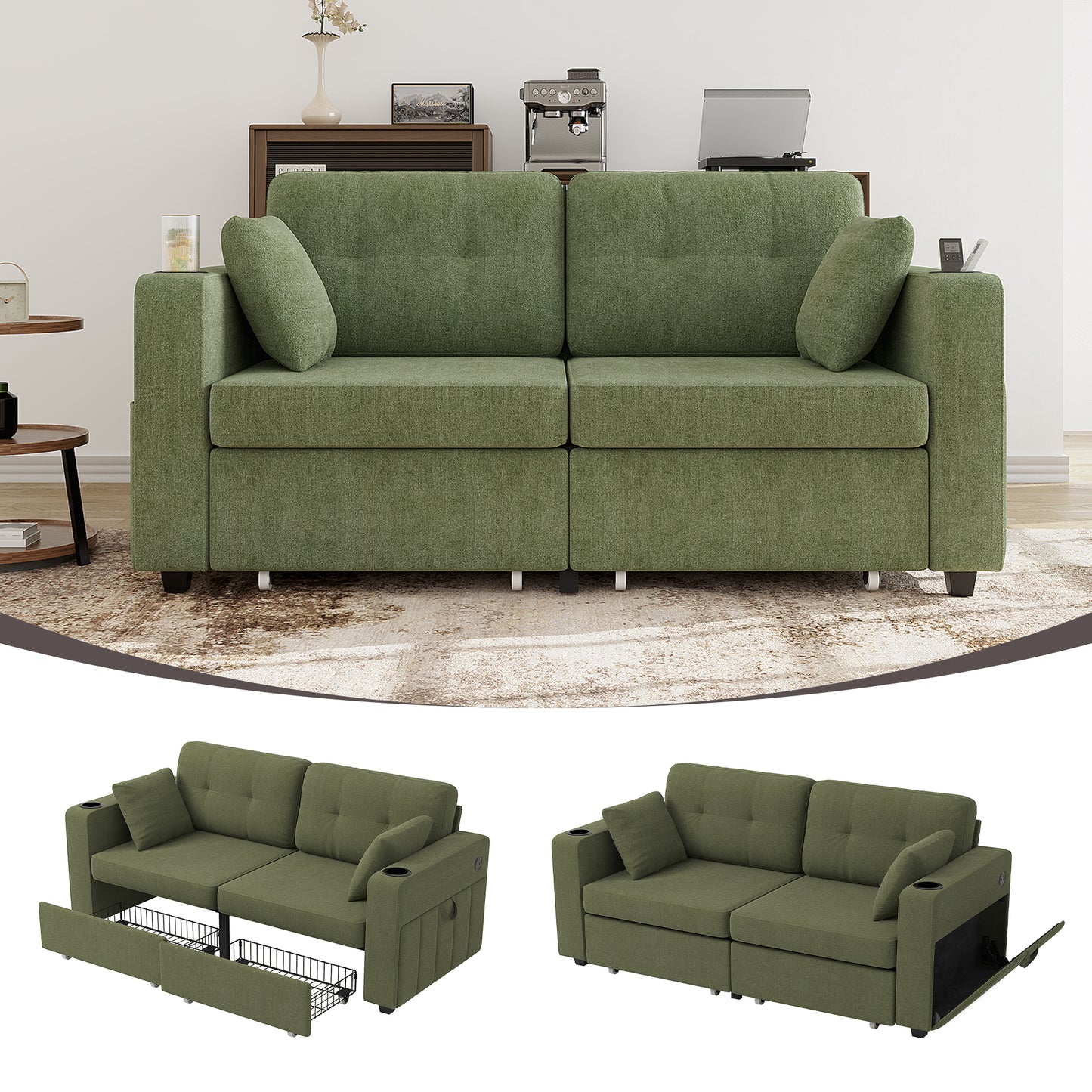 Modern 3-Seater Sofa with USB Charging & Storage - Olive